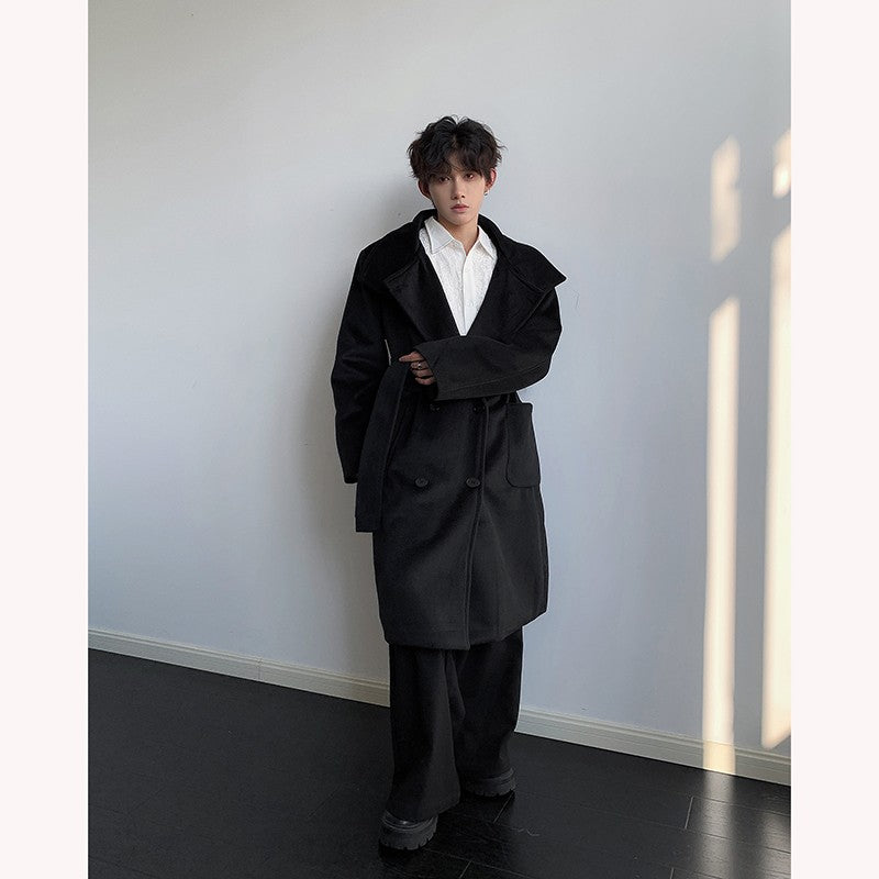 Men's Double-Breasted Wool Blend Overcoat with Belt Loose Fit Solid Color Stand Collar Mid-Length Trench Coat for Autumn Winter