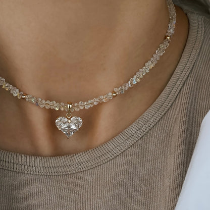 Colar Feminino Vintage de Moda Sexy com Pingente de Coração de Zircão Boho Geométrico Barroco com Corrente de Cristal Transparente