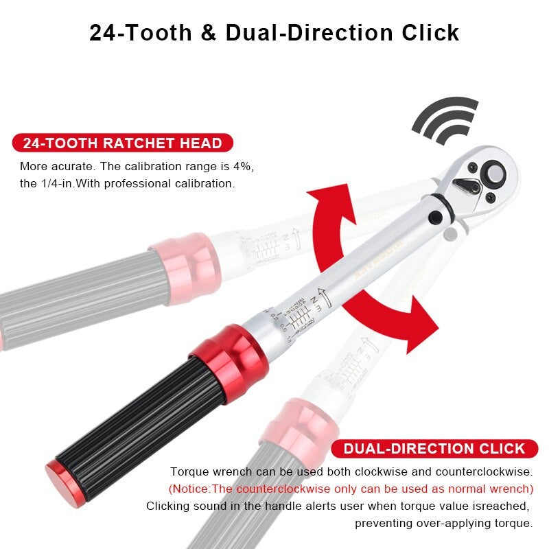 RIDERACE Chave de Torque para Bicicleta Conjunto 15 Peças 1/4" 2-24Nm Chave Allen Dupla Direção para Bicicleta Kit de Reparo Profissional para Motocicleta com Soquetes