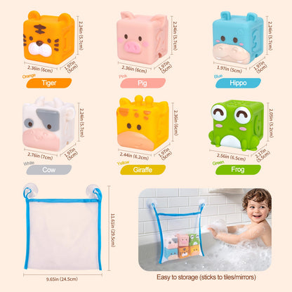 Brinquedos de blocos de montar de silicone macio para bebês Cubo 3D de animais brinquedos de empilhar Brinquedos sensoriais educativos Montessori para bebês Brinquedos de banho