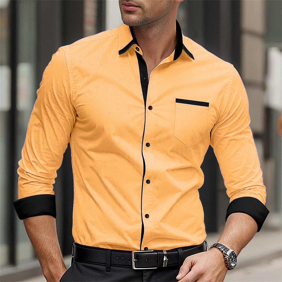 New men's formal button up shirt long sleeved solid color lapel for spring and autumn weddings, daily pocket patchwork clothing
