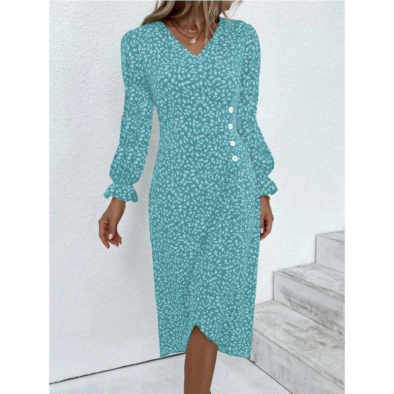 Elegant Floral Pleated H shaped Midi Dress Female V Neck Puff Sleeve Waist Ruche