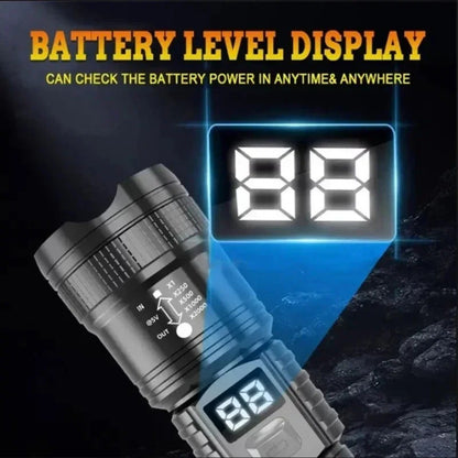 Lanterna LED de alta potência, recarregável via USB, com bateria embutida, super brilhante, para emergências e acampamento ao ar livre