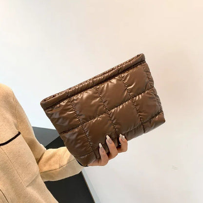 Cotton Filled Puffer Pouch Large Capacity PU Leather Puffer Padded Makeup Bag Sewn Korean Style Thick Plaid Clutch Bag Work