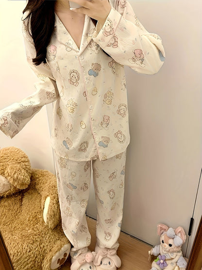 2-Piece New Women's High-Aesthetic Pajama Set for Autumn & Winter - INS-Style, Cartoon Bear Print, Fresh & Sweet, Top Choice for