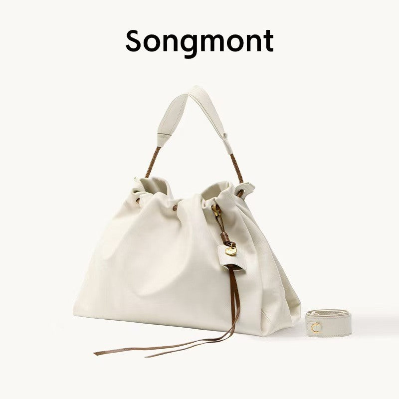 Songmont Genuine Leather Mini Bucket Bag Adjustable Drawstring Multi Straps White Black Blue Casual Chic Crossbody Bag Oversized
