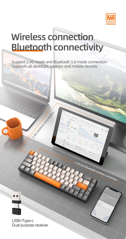 K68 60%  Wireless Mechanical Keyboard ,Bluetooth Dual Mode,Hot-Swappable Mini 68-Key Red Switch for PC iPhone iPad,K68 Keyboard