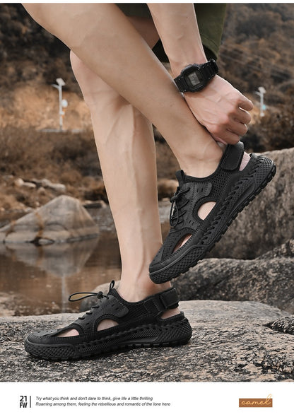 Sandals men's tide summer new style leather toe cap outdoor leisure sports hollow sandals beach shoes Handmade mesh men shoes