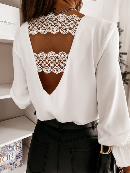 Fashion Hollow Lace Stitching Pullover White Blouse Chic Back V-shaped Stylish Sexy V-neck Long Sleeve Shirt Elegant Tops 12460