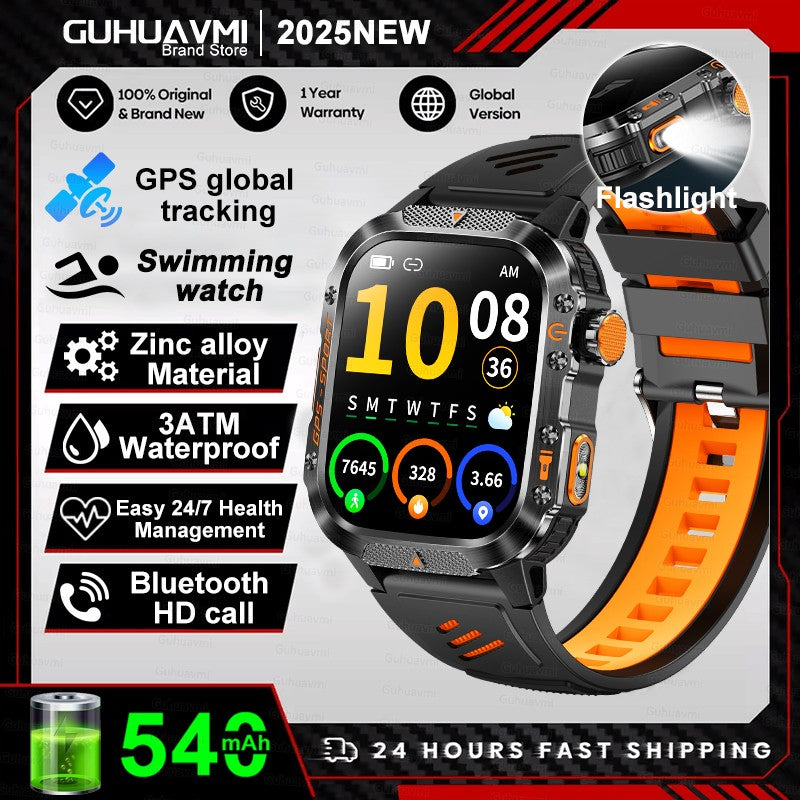 2026 Novas pulseiras inteligentes militares de GPS para ambientes externos, bússola masculina, frequência cardíaca, chamada BT, lanterna LED, Smartwatch à prova d'água 10ATM para natação