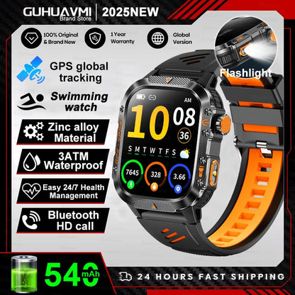 2026 Novas pulseiras inteligentes militares de GPS para ambientes externos, bússola masculina, frequência cardíaca, chamada BT, lanterna LED, Smartwatch à prova d'água 10ATM para natação