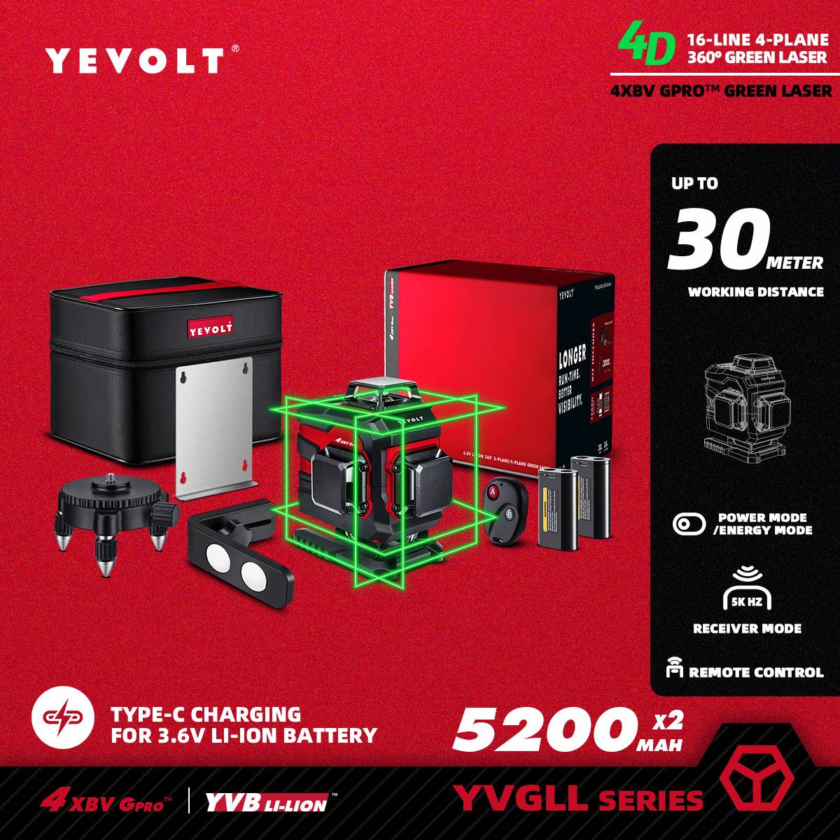 Nível a Laser Verde YEVOLT YVGLL4XS-Series 3/4 Planos 12/16 Linhas Autonivelante 360 3D/4D Horizontal e Vertical Ferramenta de Medição de Energia