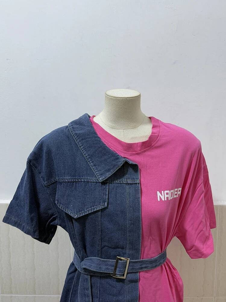 XFPV Women's Sweet high Waist Wrap Belt Round Neck patchwork Denim Shirt  Chic Top Y2k Korean Fashion Spring Summer 2025 SM11327