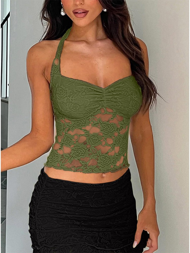 2025 Spring and Summer New Women's Y2K Style Sleeveless Sexy Slim Lace T-shirt Lace Tie Solid Color Vest Top