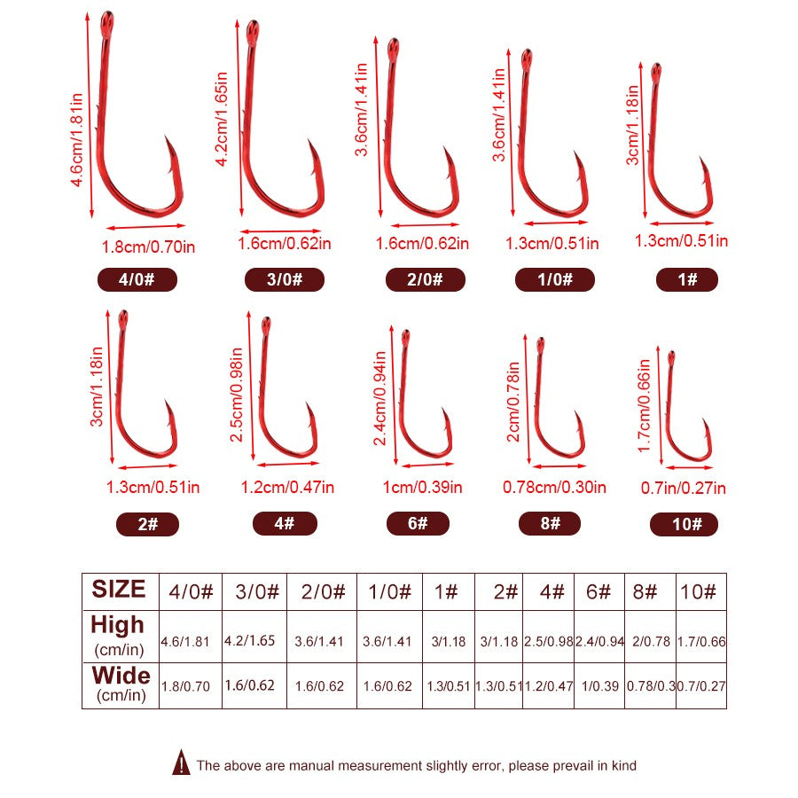Anzóis de Pesca Vermelhos FTK 1/0-10# Iscas de Pesca com Farpa para Mar Haste Bico Porta-Isca Viva Jig de Pesca para Carpa Acessórios Anzóis de Minhoca