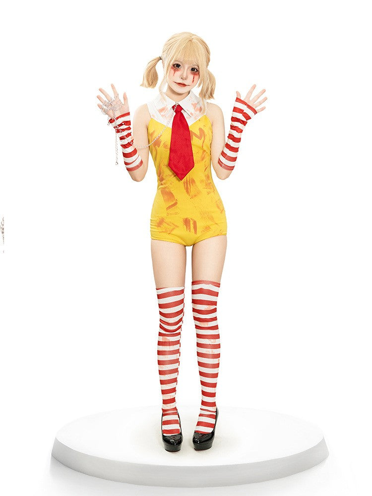 Women Halloween Funny Clown Girl Cosplay Jumpsuit Complete Accessory Set Ladies Party Roleplay Costume Cute Carnival Slim Outfit