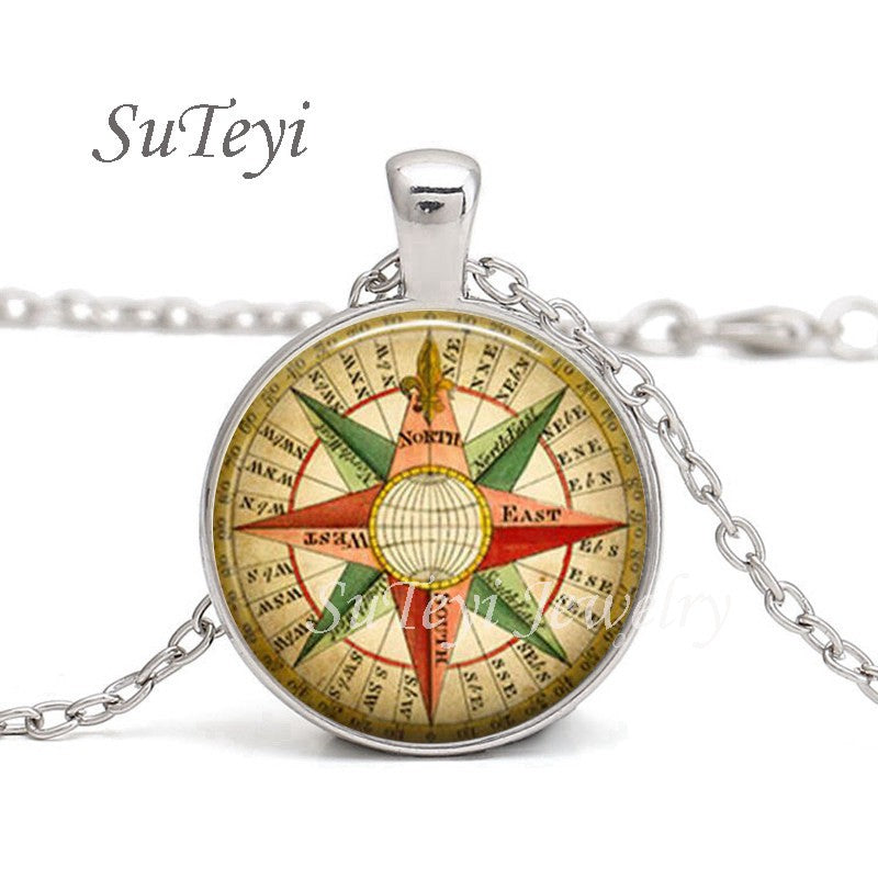 Colar de Pingente de Bússola Steampunk com Cabochão de Vidro Redondo Vintage para Homens e Mulheres