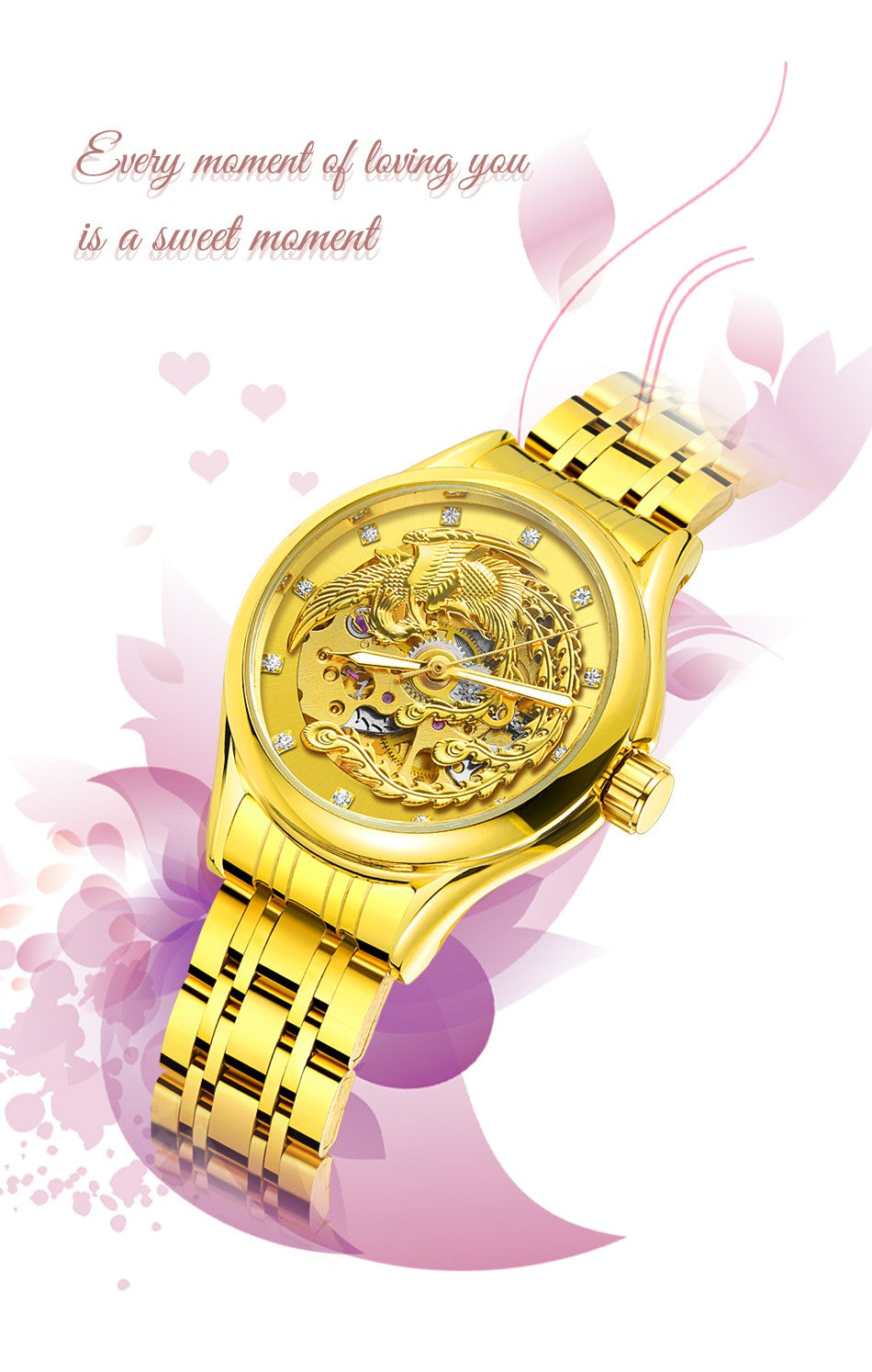 2024 Diamond Steel Skeleton Dial Golden Phoenix Women Fashion Automatic Watch Luxury Waterproof Mechanical Girl Wrist Lady Clock