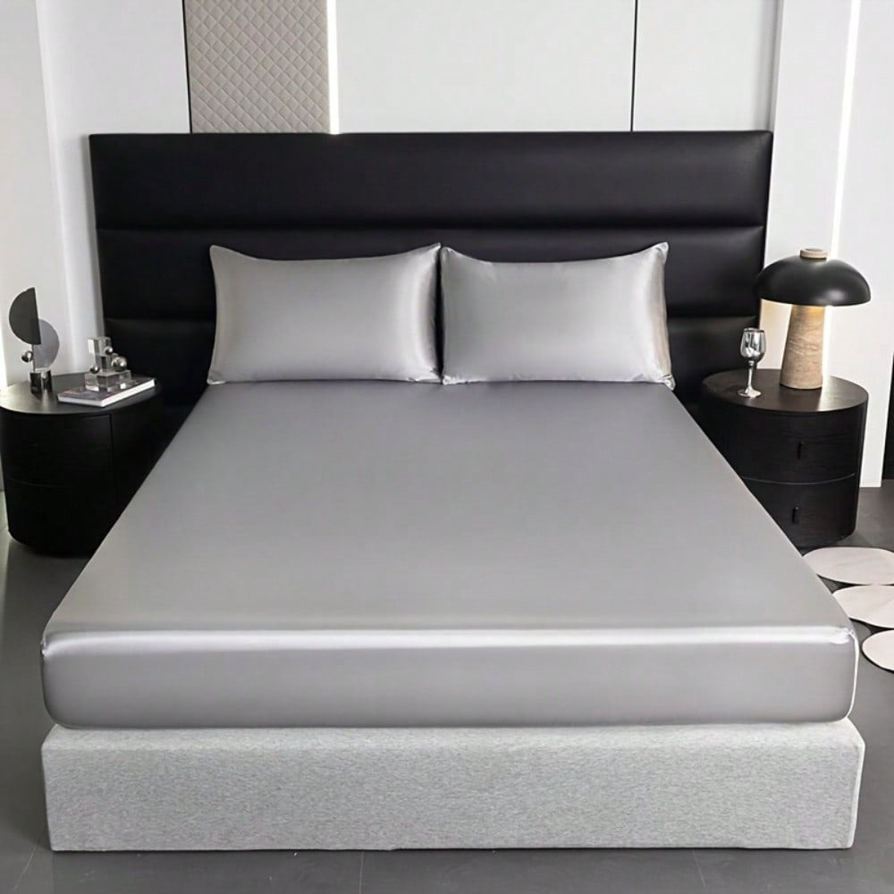 2/3pcs Luxurious Solid Silky Satin Fitted Sheet With Pillowcases For Soft And Comfortable Bedding,For Bedrooms And Guest Rooms