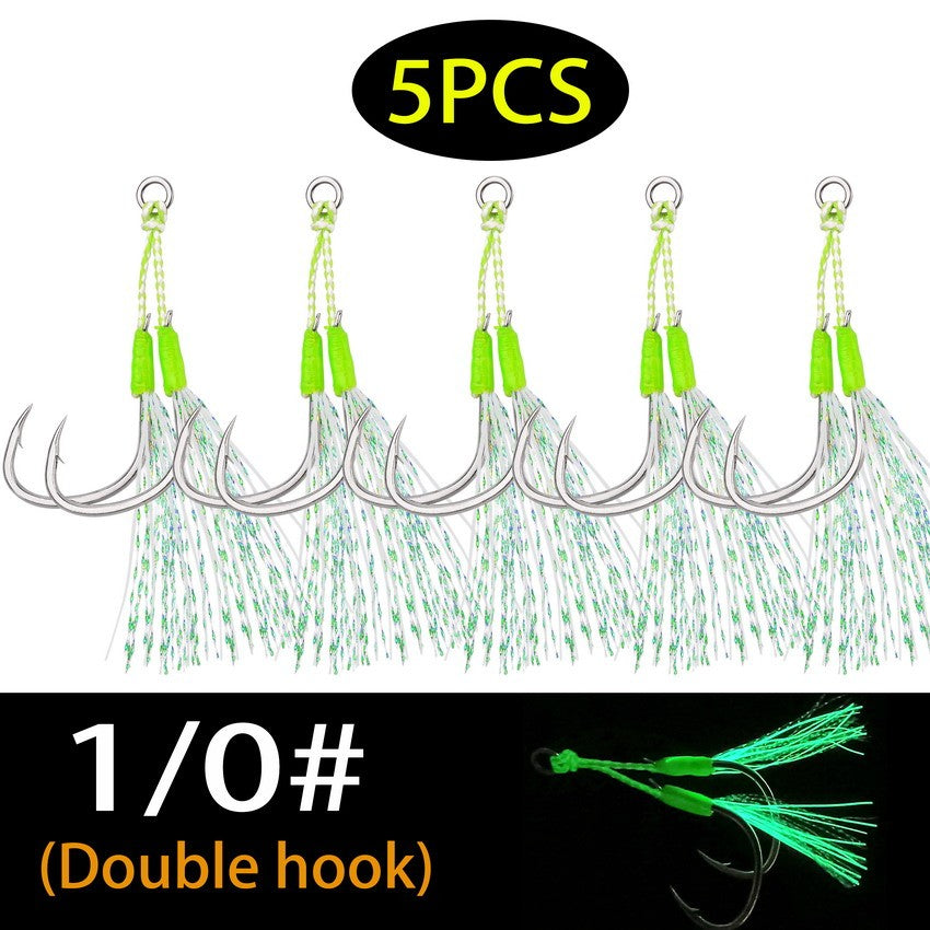Anzóis Jig Assist 5 Peças, Linha de Aço Inoxidável de Alta Resistência, Tubo Luminoso, Pena, Anel Sólido, Anzol de Jigging, Anzóis de Pesca de Barco