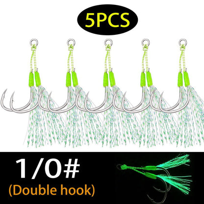 Anzóis Jig Assist 5 Peças, Linha de Aço Inoxidável de Alta Resistência, Tubo Luminoso, Pena, Anel Sólido, Anzol de Jigging, Anzóis de Pesca de Barco