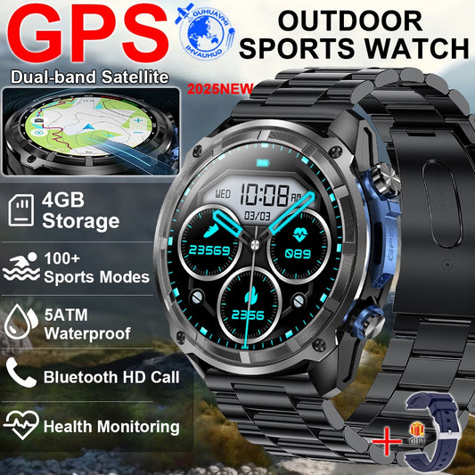2025 Novo GPS Smartwatch Mapas Offline 4GB Memória Reprodutor de Vídeo Pulseira Inteligente Esportiva Militar Masculina à Prova d'Água 50m Safira