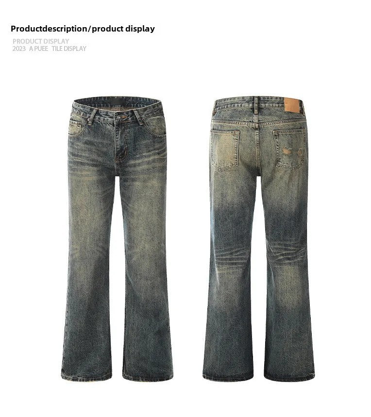 Vintage American Style Men's Straight-Leg Slimming Long Jeans Distressed Washing Denim Pants Trendy Brand Bootcut Pants
