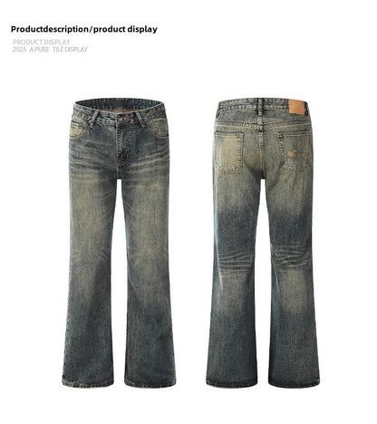 Vintage American Style Men's Straight-Leg Slimming Long Jeans Distressed Washing Denim Pants Trendy Brand Bootcut Pants