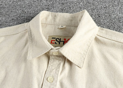 2025 Spring New Japanese Retro Long Sleeve Lapel Cotton and Linen Cargo Shirt Men's Simple Single Pocket Casual Loose Blouses