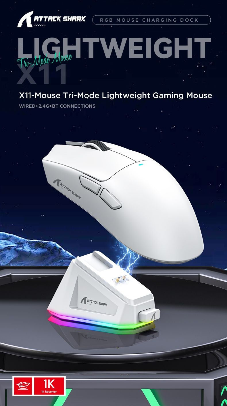 Mouse Gamer Attack Shark X11 Wireless, Conexão Tri-Modo 2.4GHz/Com Fio/Bluetooth PAW3311 22000DPI 400IPS RGB para PC