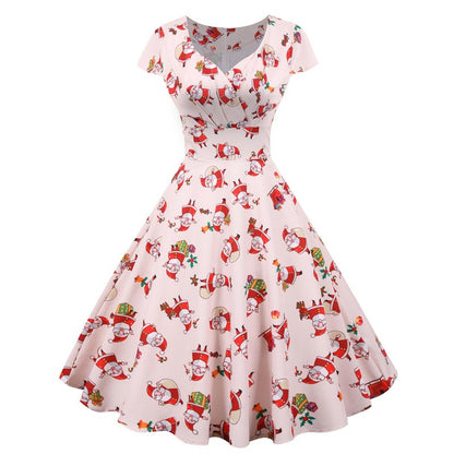 Fashion V-neck Short Sleeve Printed Christmas Dress Large Swing Vintage Elegant Xmas Party Dress