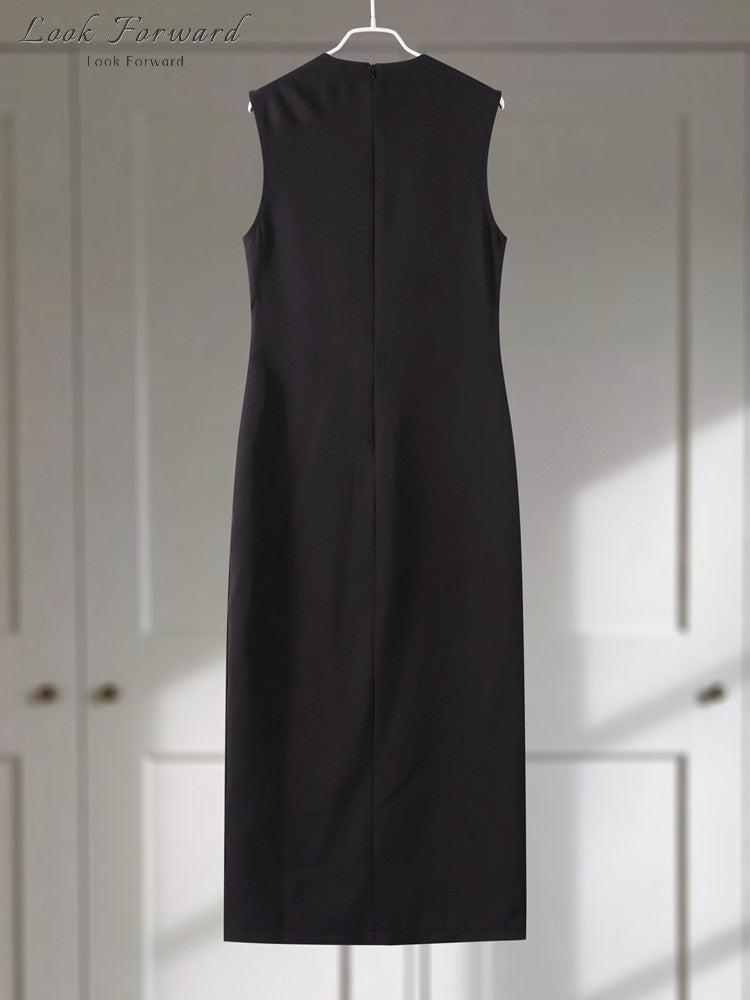 Elegant Midi Dress Woman O-neck Single Breasted Sleeveless Pocket Dresses Female