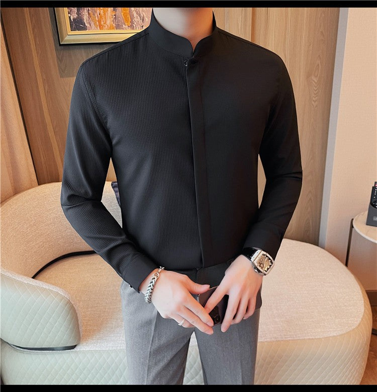 Men Standing Collar Shirt Long Sleeved 2024 Autumn British Style Solid Casual Hidden Button Elastic Slim Fit Formal Dress Shirt