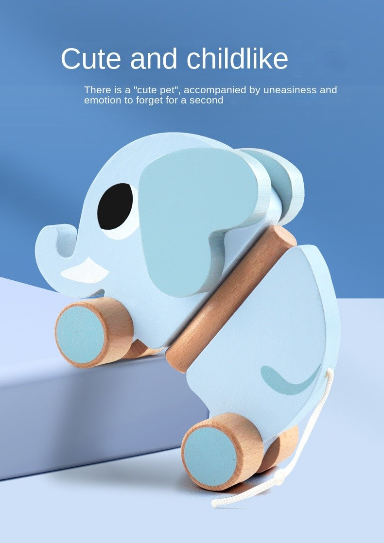 Wooden children's elephant pulling rope cart, towing toys, baby boy, baby girl toddler, children's gifts, early education toys