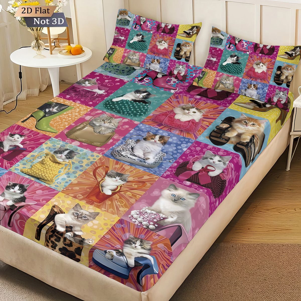3pcs fabric splicing cute cat coreless bed sheet set, multi size bed cover bedroom bedding, holiday decoration, machine washable