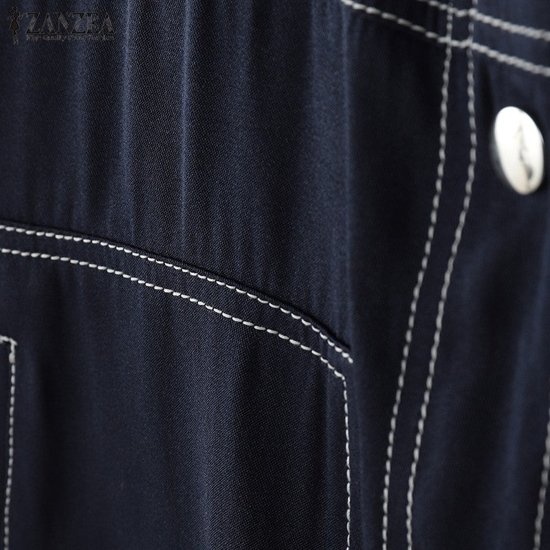 ZANZEA Women's Denim-Like Contrast-Stitch Shirts 2025 Fashion Turn-Down Collar Short Sleeve Button Up Shirt Streetwear Woman Top