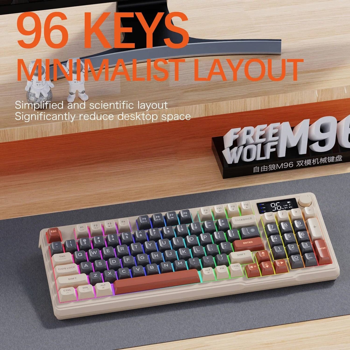 Teclado Sem Fio FreeWolf M96 com Tela, Teclado Gamer Bluetooth Conexão Dual-Mode, Conexão Multi-Dispositivos, Ergonômico