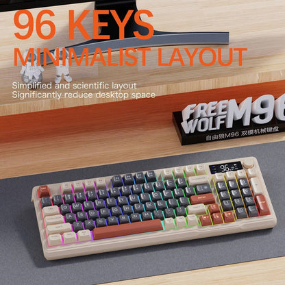 Teclado Sem Fio FreeWolf M96 com Tela, Teclado Gamer Bluetooth Conexão Dual-Mode, Conexão Multi-Dispositivos, Ergonômico