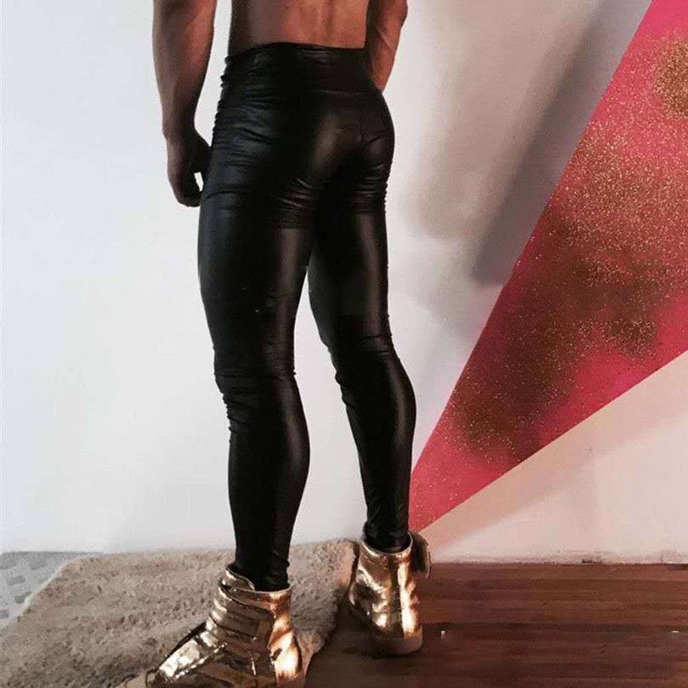 Hot Sexy Gay Men's PU Leather Legging Wet Look Skinny Pouch Pants Trousers Nightclub Party Tight Male Exotic Costume