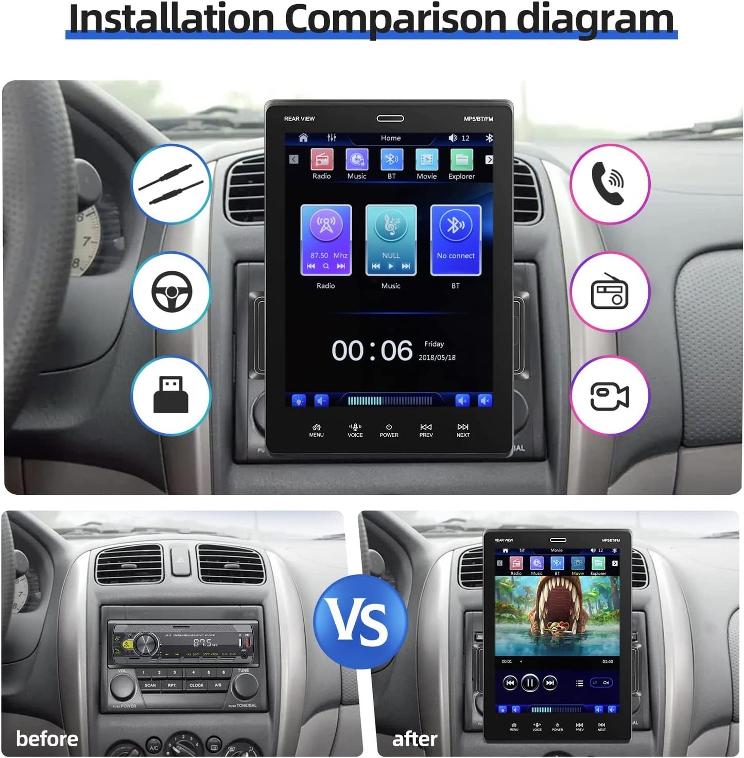 ESSGOO 10.4" Car Stereo Single DIN Wireless CarPlay Android Auto Rotatable Touch Screen Bluetooth GPS Nav Radio Player Head Unit