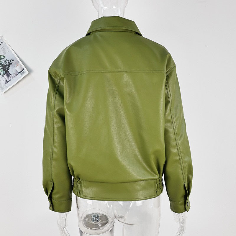 Olive Green Leather Jacket Coat Silhouette Vintage High Street Trend Zipper Lapel Short Overcoat Loose Casual Top Outwear Autumn