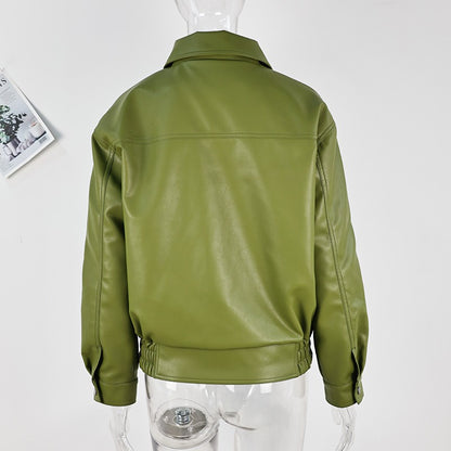 Olive Green Leather Jacket Coat Silhouette Vintage High Street Trend Zipper Lapel Short Overcoat Loose Casual Top Outwear Autumn