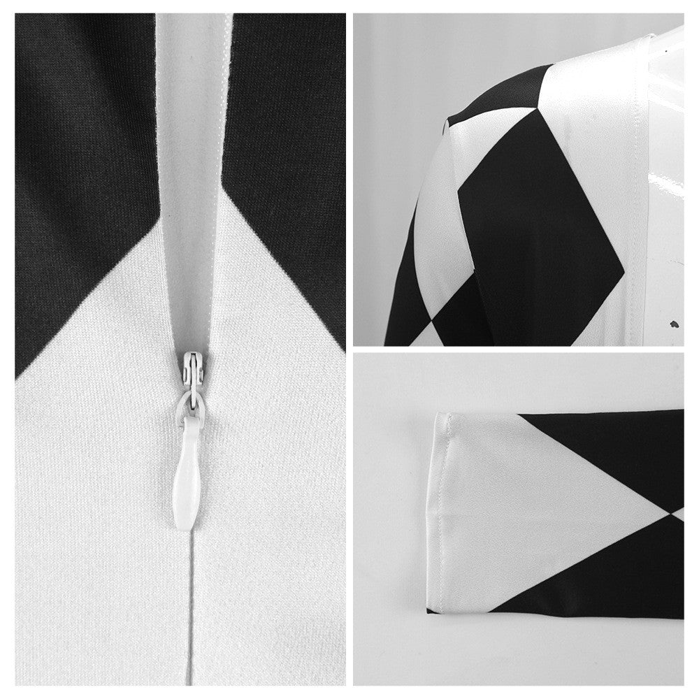 Freddie Mercury - Queen Harlequin Cosplay Costume Unitard Black and White Diamond Bodysuit with attached feet for Men