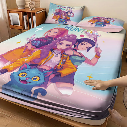 Conjunto de Lençóis Sem Costura K-Pop Demon Hunters Estampado 3 Peças Vários Tamanhos Macio Capa de Cama Roupa de Cama Lavável na Máquina