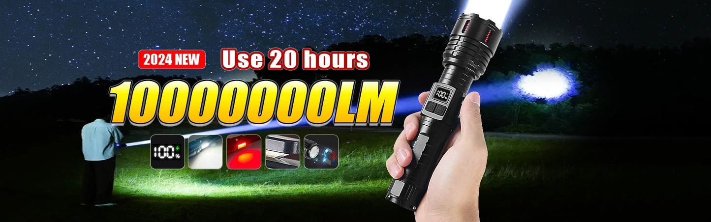 Super Bright Flashlight 10000000LM Torch High Power LED Flashlights Zoomable Lantern Rechargeable Lamp Magnet Tactical Lantern