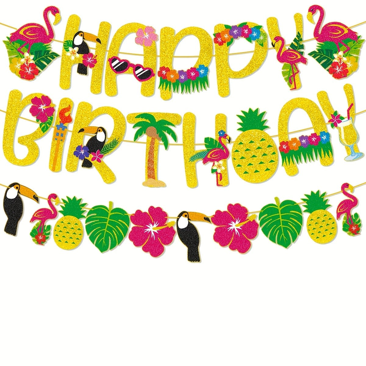 Hawaiian Tropical Happy Birthday Banner, Flamingo Pineapple Palm Tree Party Decoration for Summer Luau