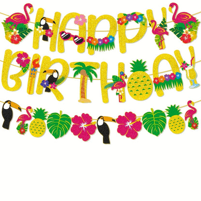 Hawaiian Tropical Happy Birthday Banner, Flamingo Pineapple Palm Tree Party Decoration for Summer Luau