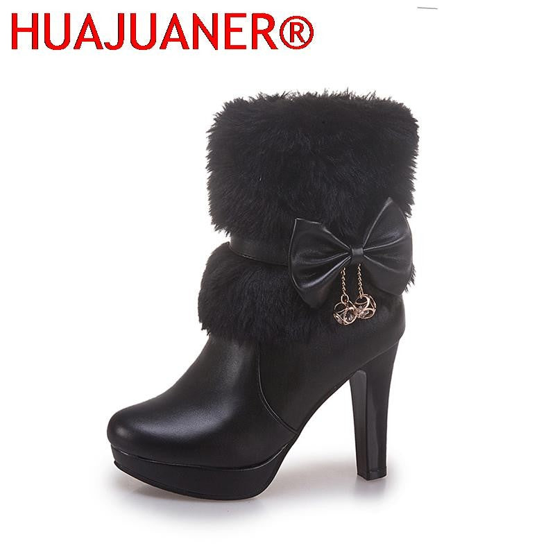 2025 New Fashion Womens Winter High Heel Boots Pink White Black Fur Tassel Bowtie Lovely Lolita Ladies Party Wedding Shoes