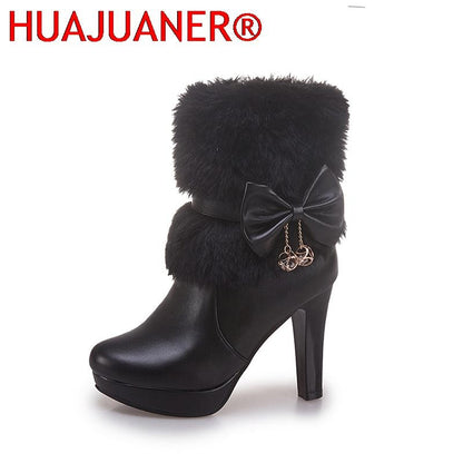 2025 New Fashion Womens Winter High Heel Boots Pink White Black Fur Tassel Bowtie Lovely Lolita Ladies Party Wedding Shoes