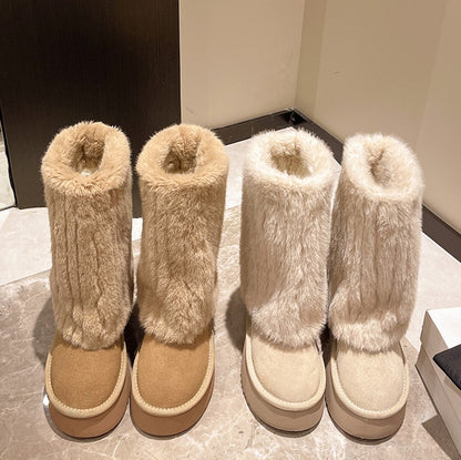 Women's Winter Snow Boots Outdoor Luxury Furry Faux Fox Fur Boots Woman Plush Warm Platform Shoes New Fashion Bottes Big Size